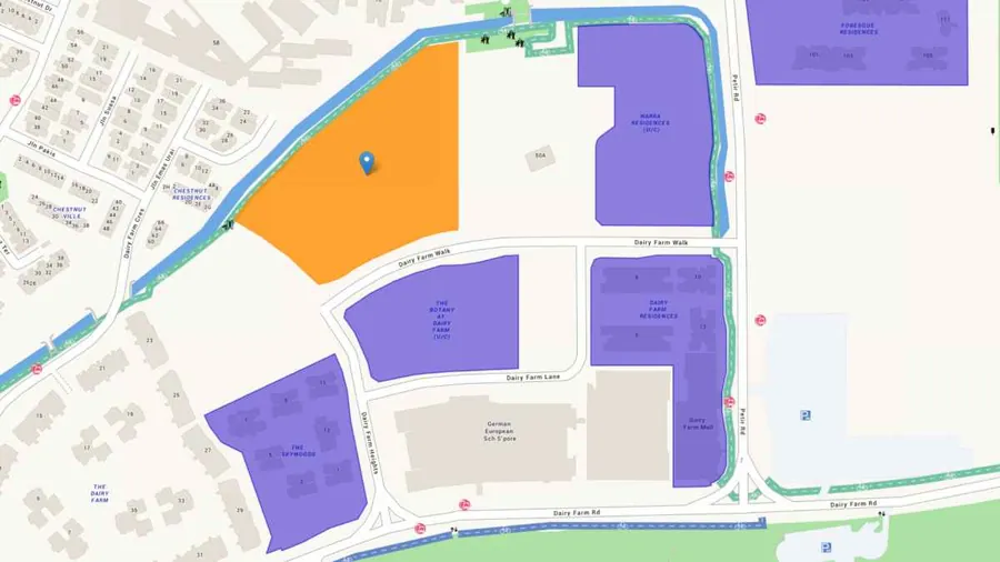 Site map showing the Impressions @ Dairy Farm land parcel on Dairy Farm Walk, District 23, beside The Botany at Dairy Farm and Narra Residences